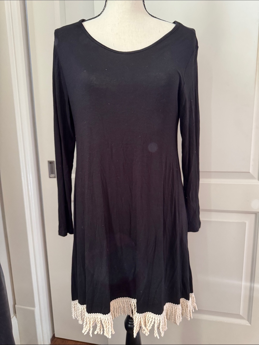 Black Long-Sleeve Fringe Hem Dress by